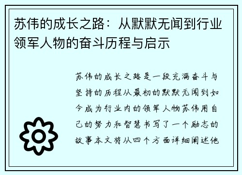 苏伟的成长之路：从默默无闻到行业领军人物的奋斗历程与启示